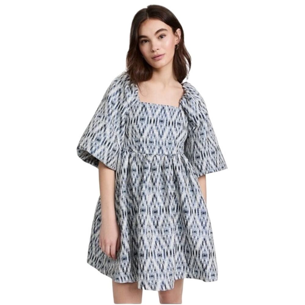 NWT MUNTHE Women's Blue White Chew Puff Sleeve Bubble Hemline Min Dress Size 36 - Picture 2 of 16